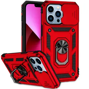 キックスタンドスライドレンズプロテクターヘビーデューティー耐衝撃性頑丈な携帯電話ケースforiPhone 15 14 13 Pro Max 12 11 Xs 7 8 Plusケース