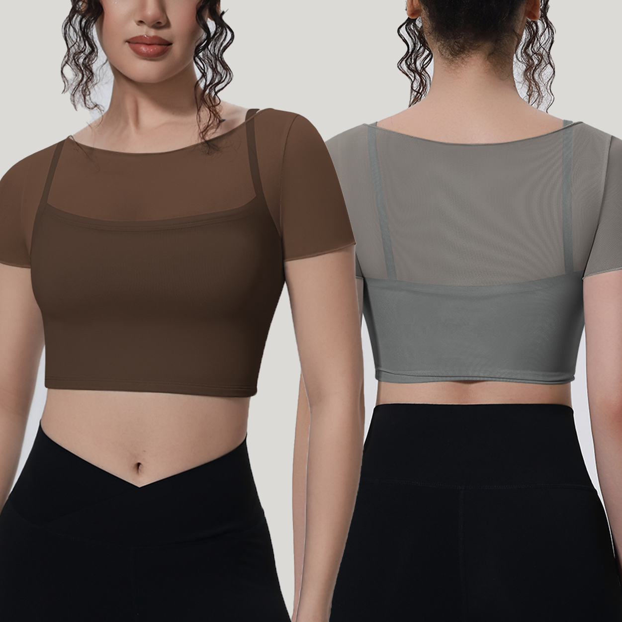 Yiyi 2-in-1 Built-in Bra Crew Neck Slim Fit Solid Color Short Sleeve Top Quick Dry&Breathable High Stretch Mesh Overlay Yoga Top