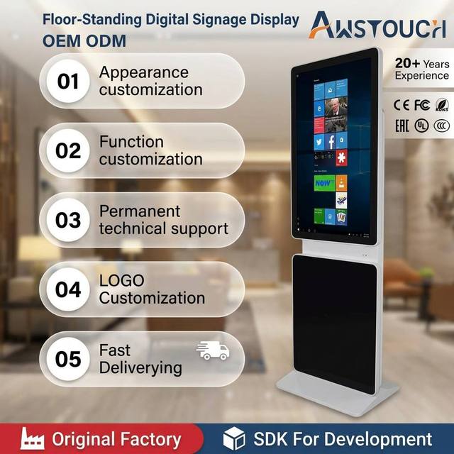 32 Inch Floor-Standing Interactive Digital Signage Kiosk for Advertising and Information Display with QR Code Reader