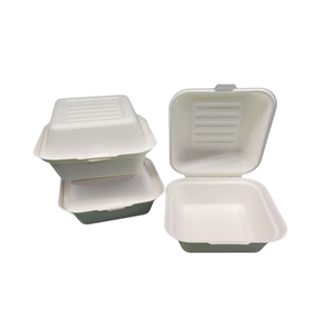 Wadah makanan Clamshell 6x6 sekali pakai dapat dikompos untuk <span class=keywords><strong>Burger</strong></span> <span class=keywords><strong>Fries</strong></span> Salad kue sandwich terbuat dari Bagasse - Product Image 5