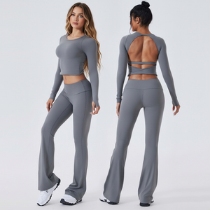 Completo Yoga Donna Sexy con Logo Frontale e Schiena Scoperta, Top Corto a Maniche Lunghe con Spalline Incrociate e Leggings a Zampa a Vita Alta Traspiranti, 2 Pezzi per <span class=keywords><strong>Palestra</strong></span> - Product Image 1