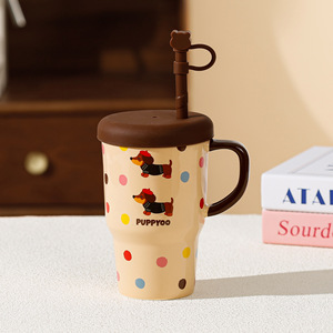 Taza de café de diseño de dibujos animados de cachorro creativo de cerámica de gran capacidad con tapa y tubo de succión para regalos - Product Image 3