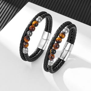 Bracelet de mode pour homme en acier inoxydable de haute qualité, vente en gros, corde en cuir avec pierre œil de tigre - Product Image 2
