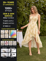 Gaun Midi A-Line Wanita Cetak Digital Floral OEM ODM dengan Kerah Sweetheart, Tali Spaghetti, Korset, dan Saku Samping
