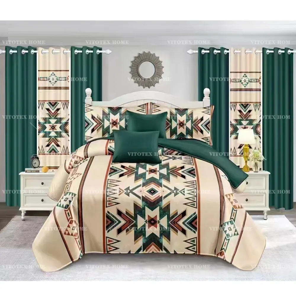 2024 new design 8 pieces bedding set with curtains wholesale printed 6pc bed sheet set and 2pc curtains in stock