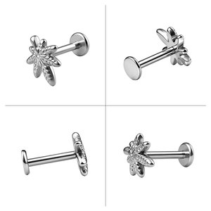 Clous d'oreilles labret en titane plaqué or ASTM-F136 avec zircon, bijoux de corps en forme de feuille pour mariage, fiançailles et piercing corporel - Product Image 3