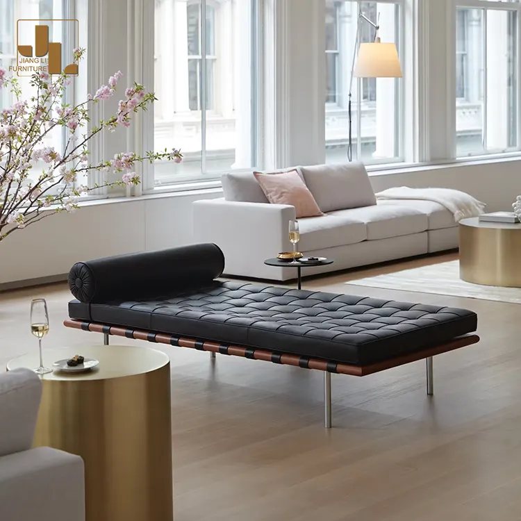 Tabouret de lit en cuir avec cadre en bois de luxe moderne italien de Barcelone salon chambre à coucher banc meubles salon hôtel Villa
