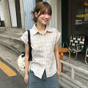 Camisa de Verano Europea, Sexy y Chic, a Cuadros, con Botones, Manga Corta, Corte Ajustado, Cintura Ajustada, Estilo Cárdigan - Product Image 1