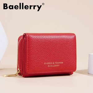 กระเป๋าสตางค์หนังแท้พับสามทบสำหรับผู้หญิง ยี่ห้อ Baelerry สีแดงลายลิ้นจี่ พร้อมช่องใส่บัตรอเนกประสงค์และช่องใส่เหรียญแบบมีซิป - Product Image 1