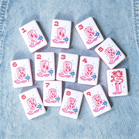 Tuiles de Mahjong Personnalisées de Luxe Modernes en Acrylique et Mélamine Miss Cowgirl, Dos Rose Vif Transparent, Ensemble Américain 3 Couches