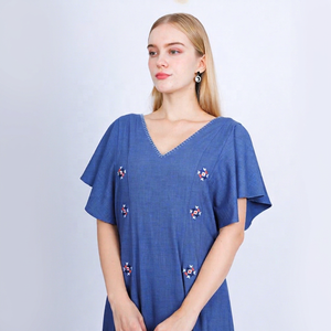 Babeeni Lady Eco-Friendly Breathable Embroidery V Collar Short Sleeve Straight Silhouette Purple <b>Linen</b> <b>Maxi</b> <b>Dress</b> Set Natural - Product Image 1