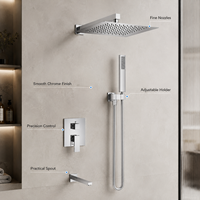 Ensemble de douche mural carré dissimulé à trois fonctions avec douchette à main et robinet chaud/froid pour salle de bain d'hôtel