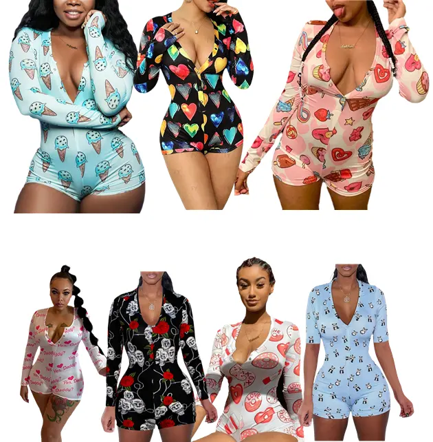 Damen Custom Günstige Kostenlose Probe Button Down V-Ausschnitt Einteiliger Bodysuit Clubwear Stram pler Overall Onesie Pyjamas Sexy Jumps uit 2021