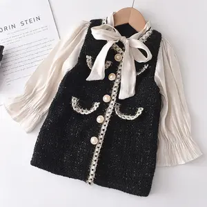 Toddler Cô Gái Quần Áo Mùa Thu 2020 Trẻ Em Công Chúa Chắp Vá Áo Dài Tay Áo Bên Trang Phục Trẻ Em Bow Tie Trang Phục Giản Dị