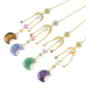 Atrapasueños de luna de cristal Natural, colgante de cuarzo rosa, Gema solar, decoración de viento - Product Image 1