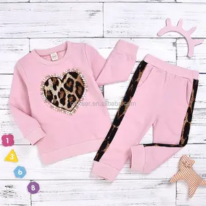 Розовый свитшот с длинными рукавами для девочек, длинные брюки, детский осенний комплект одежды с сердцем леопарда для девочек