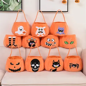 2024 Decorações Abóbora Bordado Cesta De Impressão Portátil Balde Doces Halloween Cestas Tecido