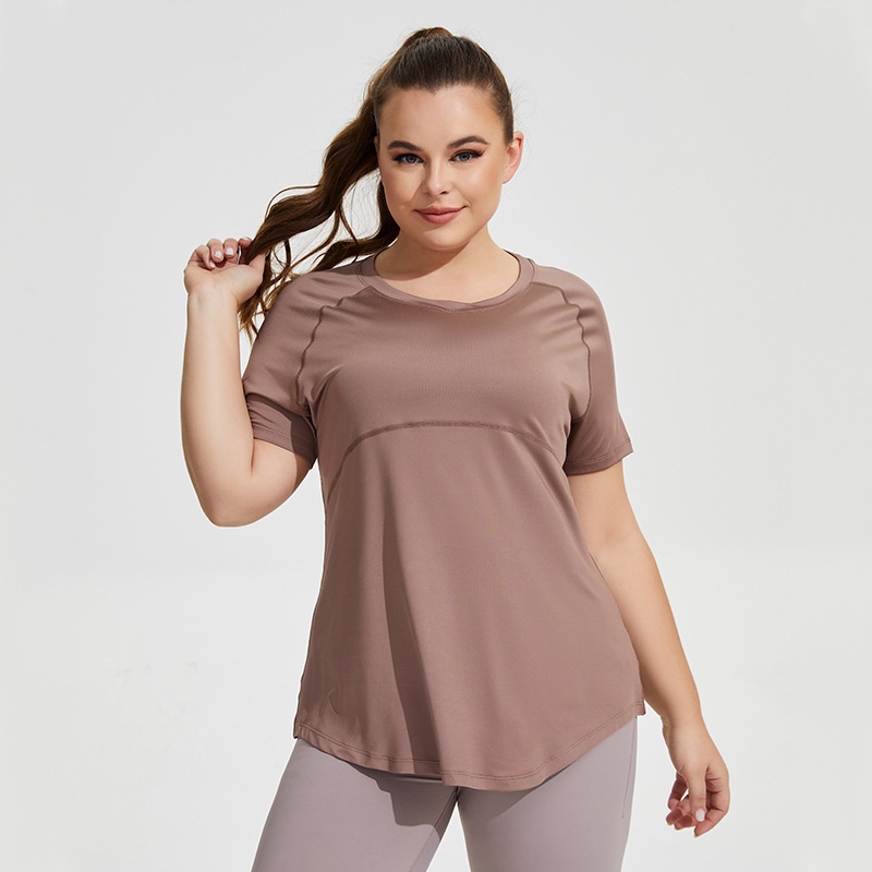 Women's Plus Size Beautiful Short-Sleeved Yoga Fitness Tops Front Mesh Running Top with Breathable Hip-Covering Slimming Look