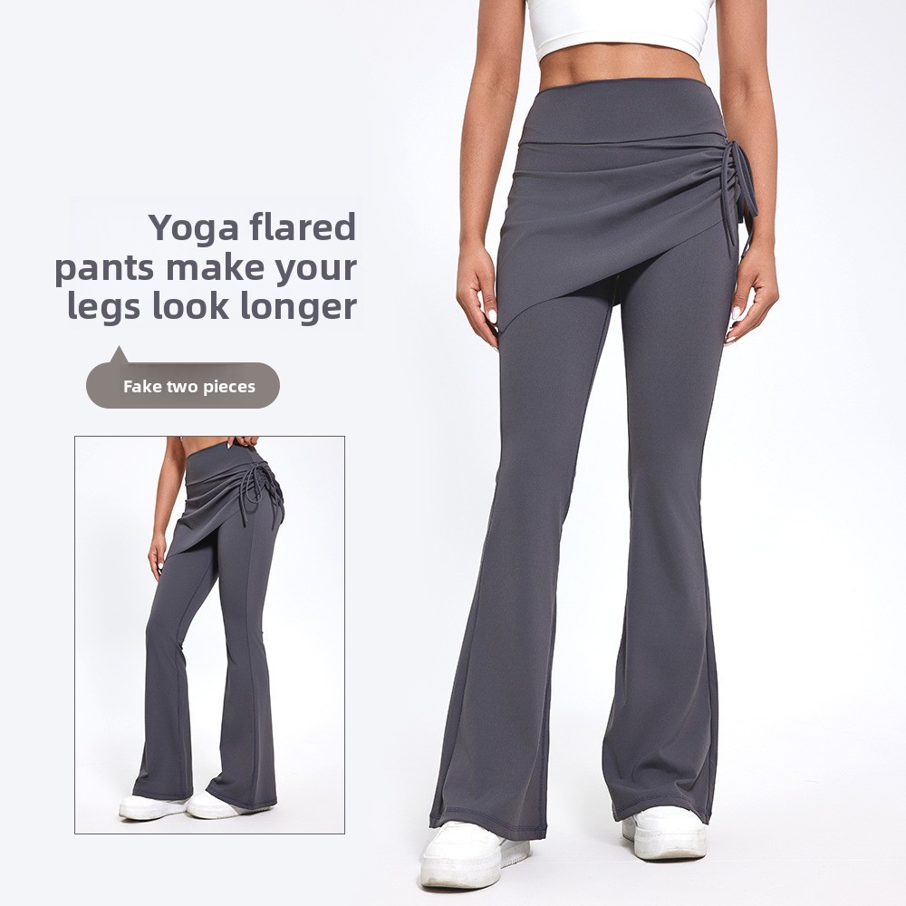 Two-Piece Solid Wrinkle-Resistant Tummy Control Women's High-Waist Flared Leg Full Length Hip-Lifting Spandex/Nylon Yoga Pants