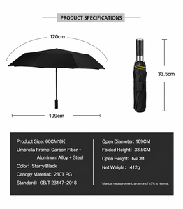 Parapluie compact de luxe en fibre de carbone, tissu pongé, diamètre 109 cm, protection solaire UPF50, ouverture automatique, pliable en 3 sections, avec logo - Product Image 2
