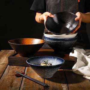 Vintage japonês redondo cerâmica sopa Udon Ramen <span class=keywords><strong>Bowl</strong></span> técnica personalizada para restaurante partido uso feito de trigo mourisco farinha - Product Image 1