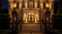Portail d'entrée en fer forgé de style baroque de luxe LINCAI |   Portail de propriété orné noir et or avec volutes dorées et lanternes