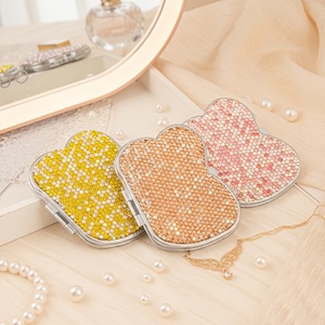 Crystal Rhinestone Heart Shaped <b>Compact</b> <b>Mirror</b> Dual Sided HD Glass Silver Metal Folding Pocket Makeup <b>Mirror</b> Bulk Wholesale - Product Image 1