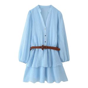 Robe courte décontractée en A-line pour femmes, à manches longues, à col en V, boutonnée, bleue, estivale, naturelle, respirante, tendance - Product Image 2