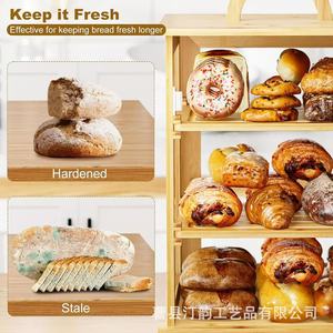 Bamboo and wood bread box, solid wood <b>kitchen</b> countertop baking bread storage box, double-layer bread organizer box, acrylic - Product Image 4