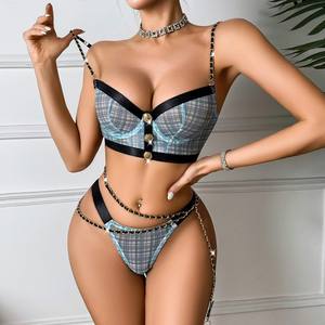 セクシーな女性用ランジェリービンテージブルーチェック3PCプッシュアップブラトップパンティーセットウエストチェーン付きホットチェック女性用ブラブリーフセット - Product Image 1