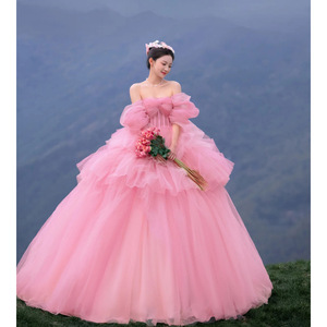 Mori Girl Style Pink Tulle Ball Gown Wedding Dress Strapless Empire Waistline With Train For Outdoor Photoshoot - Product Image 2