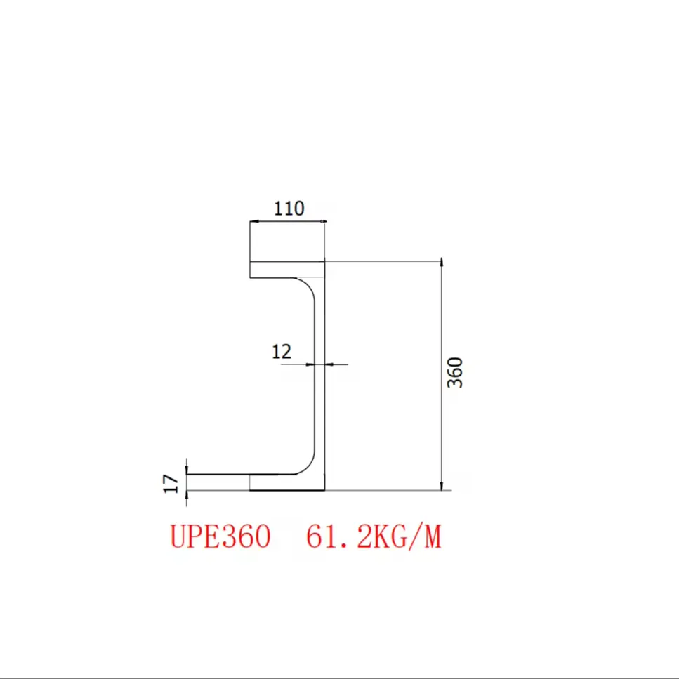 Spesifikasi baja UPE360 saluran baja 360*110*12*17 standar EN10279 bahan S355j2 dan parameter mekanik Q355D