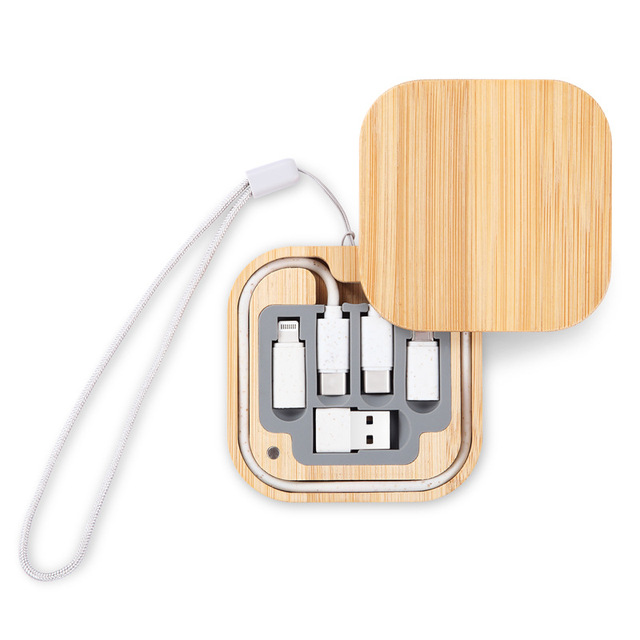 Wholesale Custom Logo Mini Phone Charger Bamboo Cable Set High Quality Promotional Bamboo Charging Cable Data Cable Storage Box
