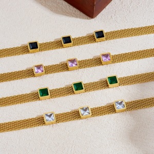 Geometric Square Rhinestone Bracelet Gold Plated Stainless Steel Mesh Chain Unisex Fashion Jewelry Gift - Product Image 3