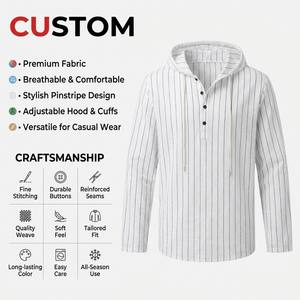 Camisa Henley de Manga Larga con Capucha y Rayas Verticales para Hombre, Mezcla de Lino, con Cordón Ajustable, Informal, para Uso Diario, para Vacaciones en la Playa - Product Image 1