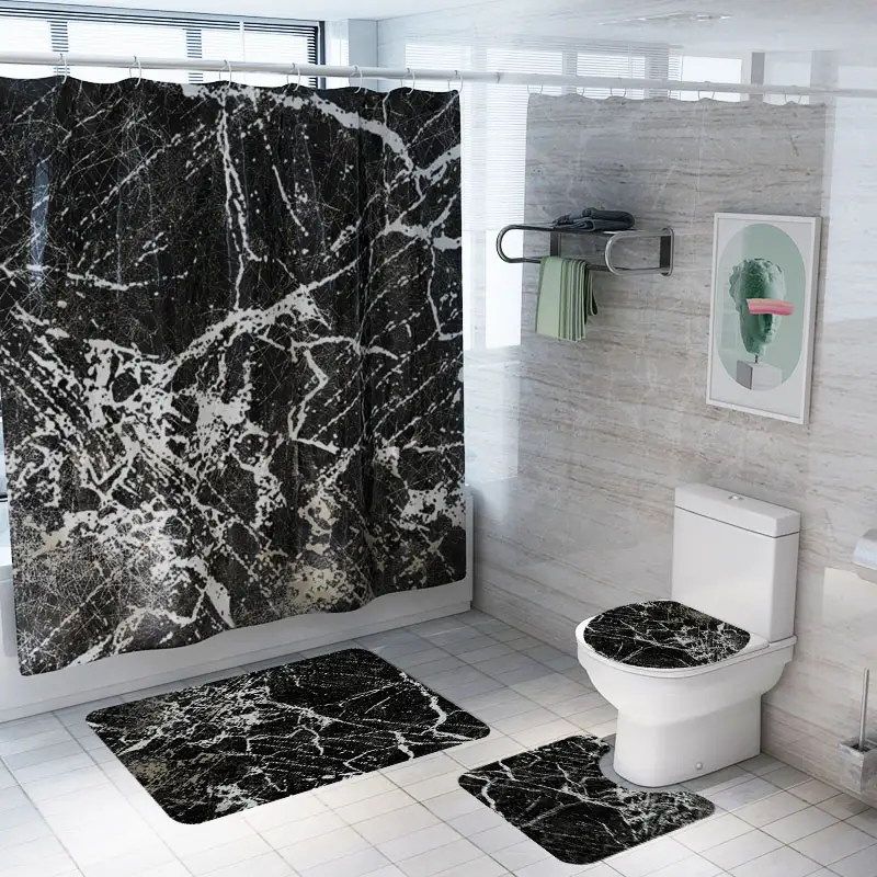 Tirai mandi cetak 3D marmer poliester Modern ramah lingkungan kustom Set aksesori kamar mandi tahan air dengan karpet