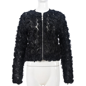 <strong>King</strong> Mcgreen Star Early Autumn New Arrival Stand up Collar 3D Sional Flower Zipper Jacket Short <strong>Coat</strong> Women Clothing - Product Image 2