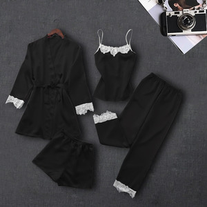 Ensemble de peignoir quatre pièces sexy en soie glacée pour femme, manches longues, grande taille, pour l'été, le printemps et l'automne, idéal pour la maison - Product Image 4