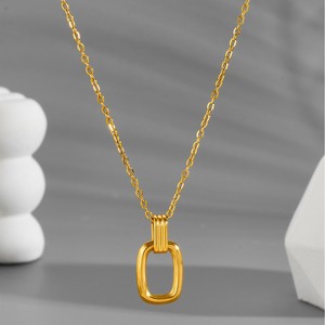 18K PVD Gold Stainless Steel Geometric Double <b>Ring</b> Pendant <b>Necklace</b> for Women | Minimalist Twist Rope Chain | Hypoallergenic - Product Image 2