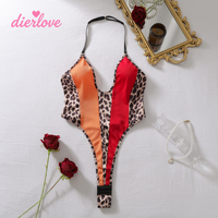 Dierlove Maillot de bain une pièce sexy pour femme, motif léopard, patchwork, décolleté plongeant, dos nu, coupe haute, monokini Teddy