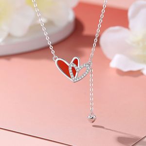 Collana da Donna S925 con Ciondolo a Cuore Trendy, Agata Rossa e Nappe, Catena a Maglie Placcata Argento/Oro Rosa, Stile Bambù, Anniversario Autunno/Inverno - Product Image 2