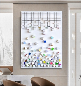Décoration d'intérieur, œuvre d'art en mosaïque abstraite, sculpture sur bois, peinture en <span class=keywords><strong>cube</strong></span>, art mural 3D fait à la main en bois - Product Image 1