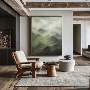 Peinture de paysage de montagne brumeuse, art sur toile vert et gris serein, peinture murale artisanale, art mural sur toile - Product Image 6