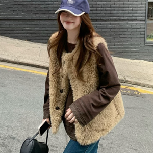 <span class=keywords><strong>Chaleco</strong></span> de Piel Sintética para <span class=keywords><strong>Mujer</strong></span>, Estilo Vintage, Cuello Redondo, Holgado, Cálido y Suave para Invierno - Product Image 4