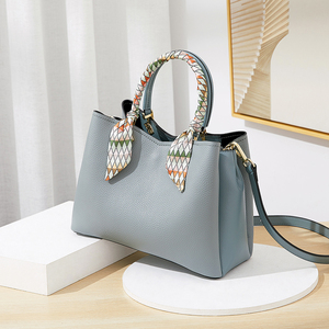 Bolsos de Mano de Cuero Genuino para Mujer, al por Mayor en China, Bolso Tote Clásico de Lujo Azul, de Gran Capacidad, con Asa Superior, Portátil, con Pañuelo - Product Image 4