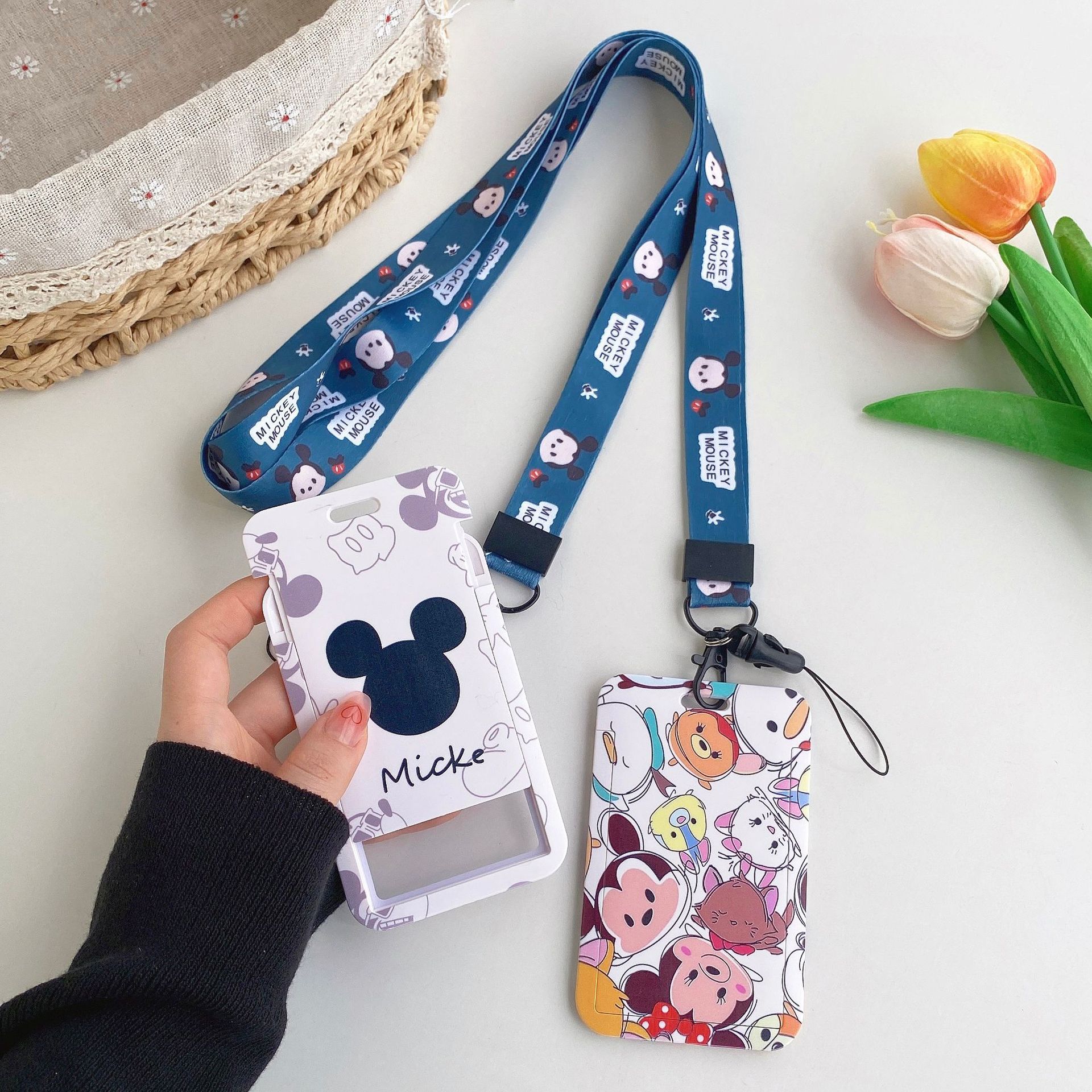 Card Holder ID Badge Lovely Cartoon Mickey Minnie Plastic Card Case With Lanyards Phone Neck Lanyard Card Covers Shell Kid Gift Image 3