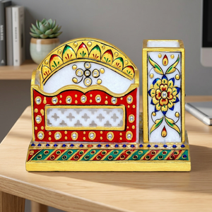 Elegante y Sofisticado Juego de Oficina de Mármol Makrana con Decoración Floral y Piedras Preciosas, Hecho a Mano, Ecológico, Diseño Art Deco, para Diwali - Product Image 3