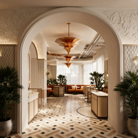 Ensemble complet de mobilier de style rétro français personnalisé pour restaurant et café, comptoir de réception, comptoir de bar, banquette en marbre, laiton et rotin