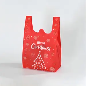 Printed Glossy Non Woven Reusable Gift Bags Grocery Bags with Handles Fabric Portable Tote Bag Bulk(Red)