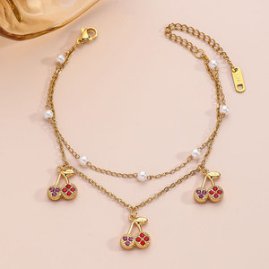 Pulsera y Brazaletes de Lujo para Mujer, de Acero Inoxidable 316L, Chapados en Oro de 14k y 18k, con Circonitas y Diseño de Cereza - Product Image 4